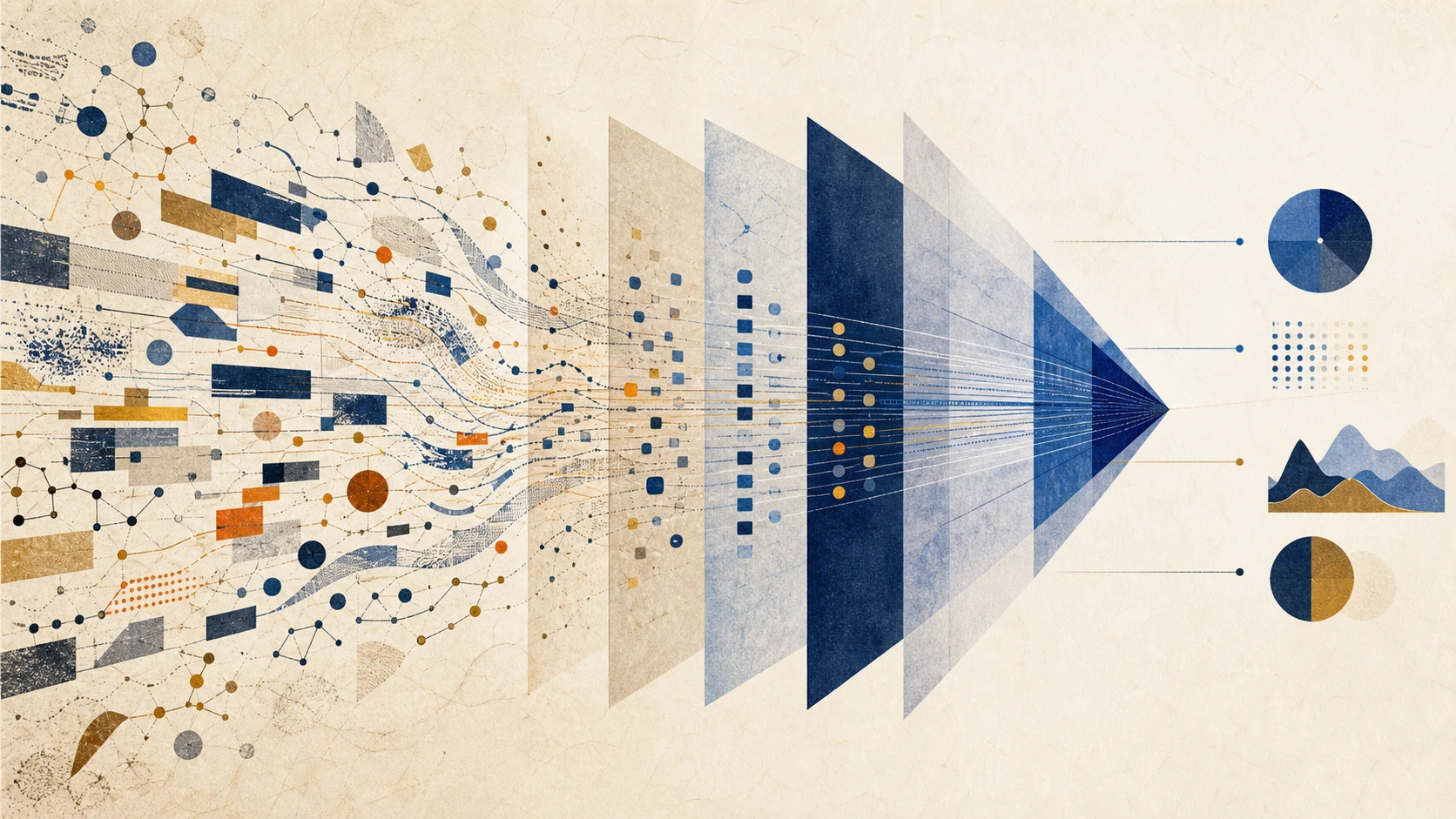 Heterogeneous agent traces passing through ordered data layers and resolving into clear analytical signals