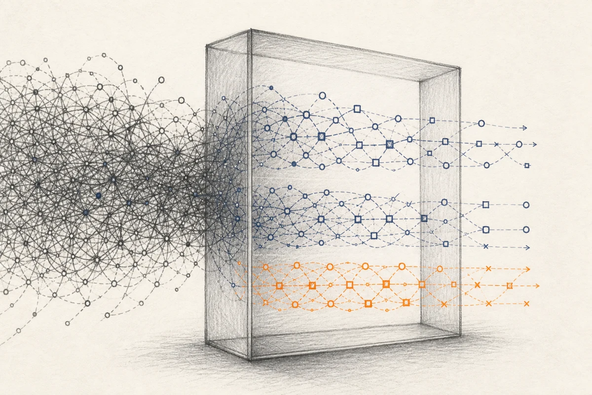 Tangled agent traces resolving into distinct failure patterns through a transparent analytical layer