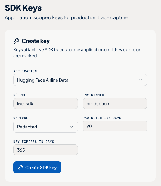 Create SDK key form in the Papaya app, with application, source, environment, capture, retention, and expiry settings.